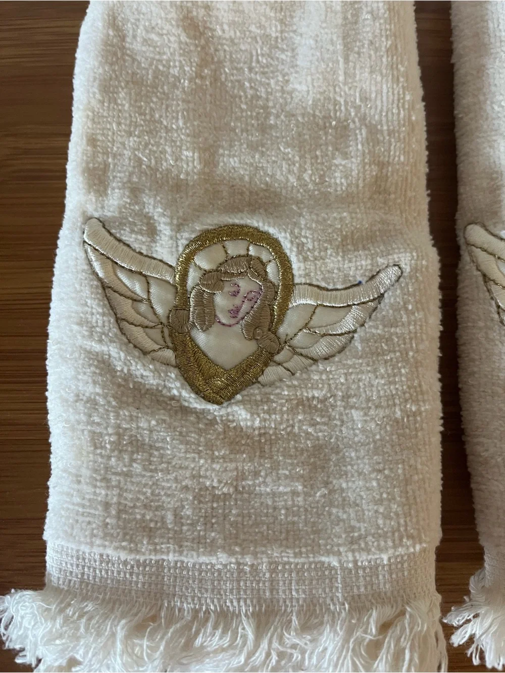 Embroidered Angel Wing Hand Towels - Cream with Gold Accent